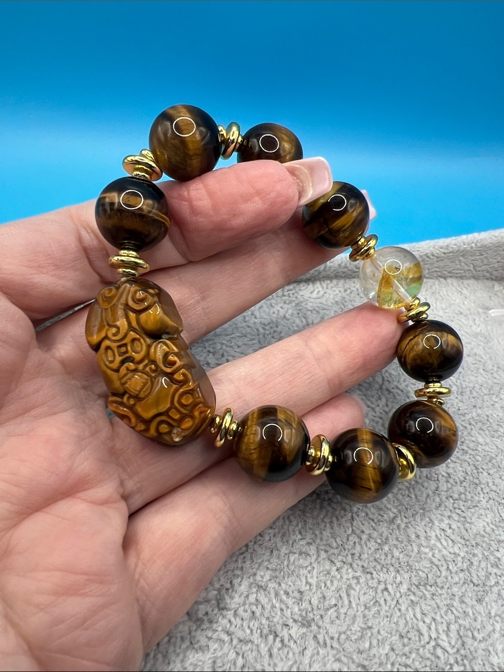 Handcrafted Tiger Eye Bead Bracelet with Gold Accents - Brown